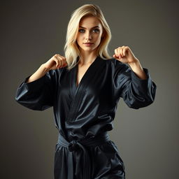 A stunning blonde woman wearing sleek black satin judo pajamas, exuding confidence and grace