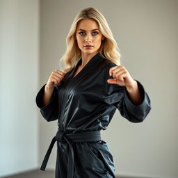 A stunning blonde woman wearing sleek black satin judo pajamas, exuding confidence and grace