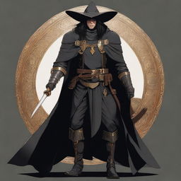 The image is a top-quality digital art showcasing a male witch hunter dressed in black robes and a matching cloak, complemented with golden hardware