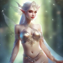 A digital art representation of a fantasy elf in a sensual, yet tasteful pose