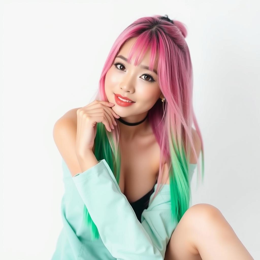 A beautiful Korean woman poses elegantly and attractively, featuring long hair in a pink and green color blend