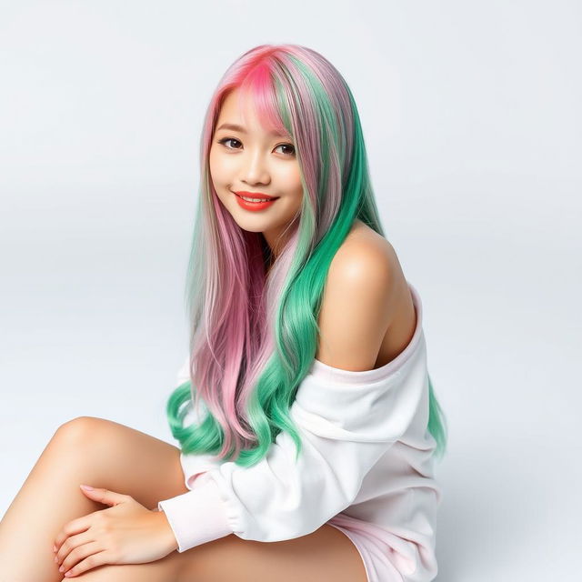 A beautiful Korean woman poses elegantly and attractively, featuring long hair in a pink and green color blend