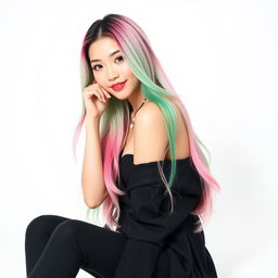 A beautiful Korean woman poses elegantly and attractively, featuring long hair in a pink and green color blend