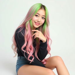 A beautiful Korean woman poses elegantly and attractively, featuring long hair in a pink and green color blend