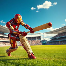 Iron Man, in his iconic red and gold suit, skillfully playing cricket on a lush green field