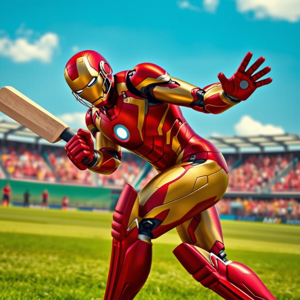 Iron Man, in his iconic red and gold suit, skillfully playing cricket on a lush green field