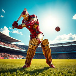 Iron Man, in his iconic red and gold suit, skillfully playing cricket on a lush green field