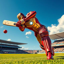 Iron Man, in his iconic red and gold suit, skillfully playing cricket on a lush green field