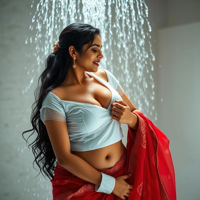 An intimate scene in a luxurious shower setting, where an Indian woman is passionately enjoying the moment