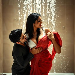 An intimate scene in a luxurious shower setting, where an Indian woman is passionately enjoying the moment