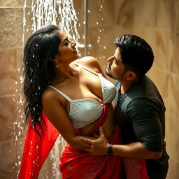 An intimate scene in a luxurious shower setting, where an Indian woman is passionately enjoying the moment