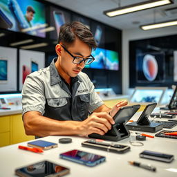 A vibrant and stylish tech service environment featuring a skilled technician working on both an iPhone and an Android smartphone
