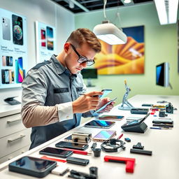 A vibrant and stylish tech service environment featuring a skilled technician working on both an iPhone and an Android smartphone