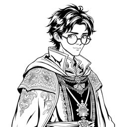 An adult human mage sorcerer with short black hair and round glasses, dressed in intricate medieval clothing