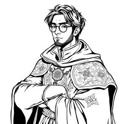 An adult human mage sorcerer with short black hair and round glasses, dressed in intricate medieval clothing