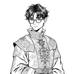 An adult human mage sorcerer with short black hair and round glasses, dressed in intricate medieval clothing