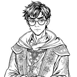 An adult human mage sorcerer with short black hair and round glasses, dressed in intricate medieval clothing