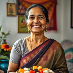 A portrait of a warm and affectionate Indian mom in a traditional saree, smiling gently