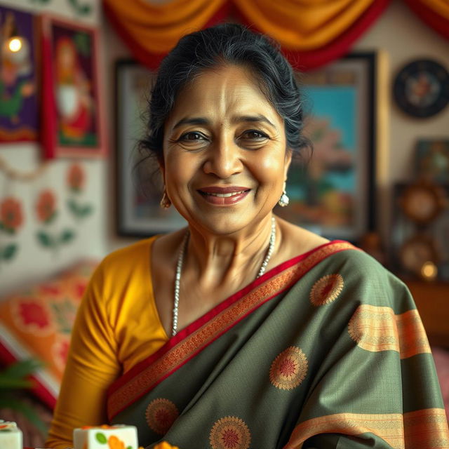 A portrait of a warm and affectionate Indian mom in a traditional saree, smiling gently