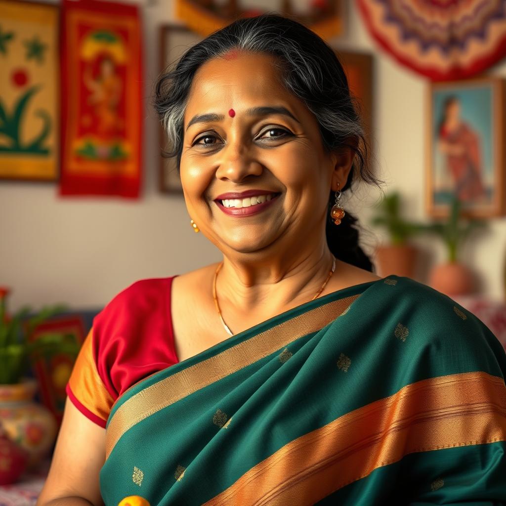 A portrait of a warm and affectionate Indian mom in a traditional saree, smiling gently