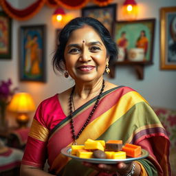 A portrait of a warm and affectionate Indian mom in a traditional saree, smiling gently