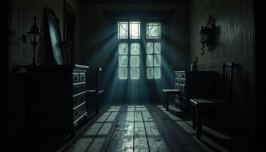 An interior of an old-fashioned house at night, featuring a dark, ominous corridor that enhances the eerie atmosphere