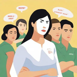 A high-resolution vector art, illustrating the struggles of an Asian female physical education teacher attempting to coach dangerous illegal immigrants, particularly from Mexico, who cannot grasp concepts or speak the same language