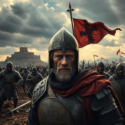 A dramatic and epic scene depicting the end of the Crusades, showcasing a battlefield filled with knights in ornate armor, some on horseback and some dismounted