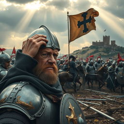 A dramatic and epic scene depicting the end of the Crusades, showcasing a battlefield filled with knights in ornate armor, some on horseback and some dismounted