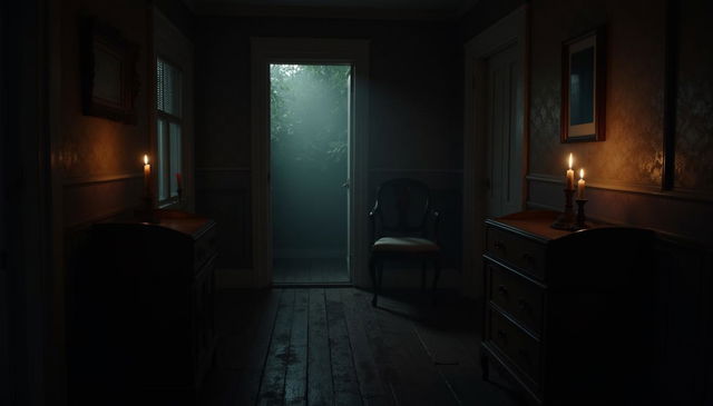 An interior of an old-fashioned house at night, featuring a predominantly dark and oppressive atmosphere