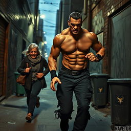 A dramatic urban scene featuring a muscular, intimidating villain with an exaggerated gym-built physique chasing an older woman, the hero's mother