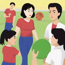 A high-resolution vector art, illustrating the struggles of an Asian female physical education teacher attempting to coach dangerous illegal immigrants, particularly from Mexico, who cannot grasp concepts or speak the same language