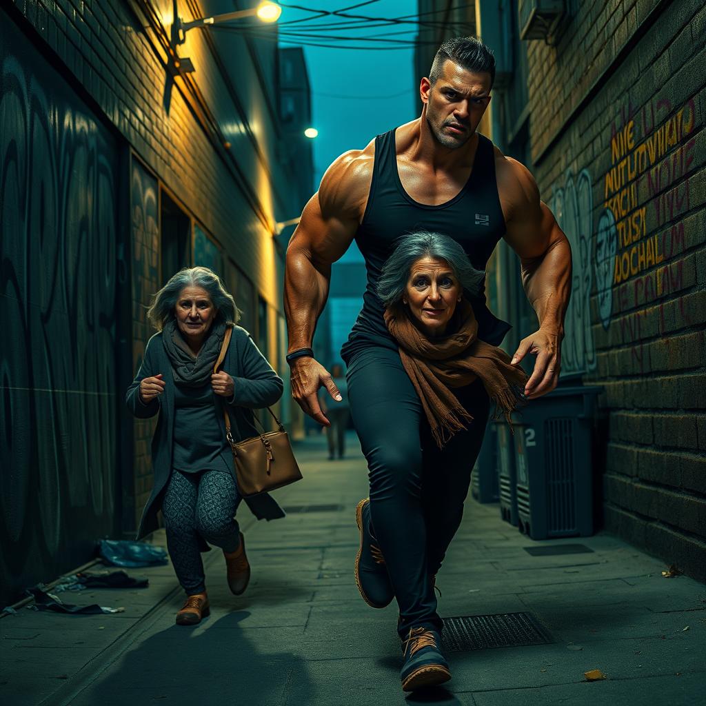 A dramatic urban scene featuring a muscular, intimidating villain with an exaggerated gym-built physique chasing an older woman, the hero's mother