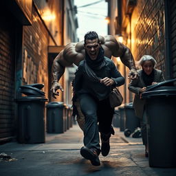 A dramatic urban scene featuring a muscular, intimidating villain with an exaggerated gym-built physique chasing an older woman, the hero's mother