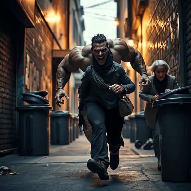 A dramatic urban scene featuring a muscular, intimidating villain with an exaggerated gym-built physique chasing an older woman, the hero's mother