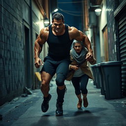 A dramatic urban scene featuring a muscular, intimidating villain with an exaggerated gym-built physique chasing an older woman, the hero's mother