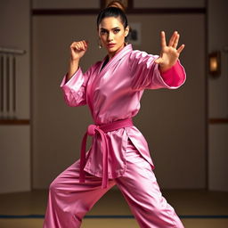 A beautiful female martial arts expert in a stunning pink silk satin karate gi, showcasing her athletic build and confidence