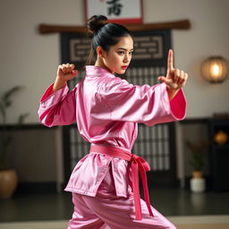 A beautiful female martial arts expert in a stunning pink silk satin karate gi, showcasing her athletic build and confidence