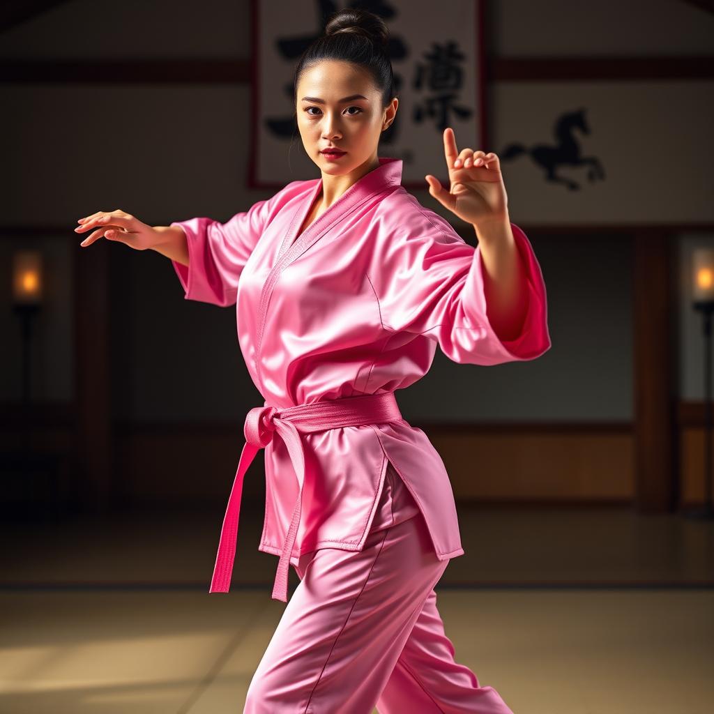 A beautiful female martial arts expert in a stunning pink silk satin karate gi, showcasing her athletic build and confidence