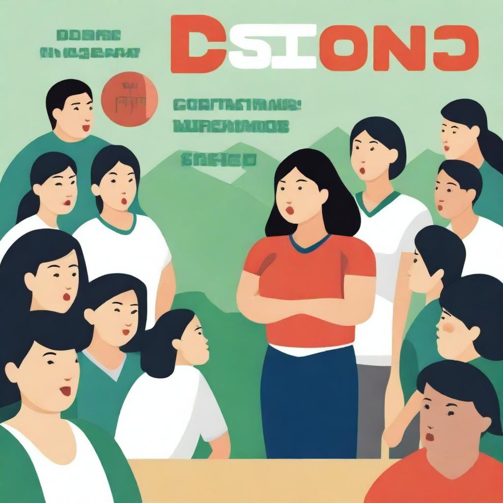 A high-resolution vector art, illustrating the struggles of an Asian female physical education teacher attempting to coach dangerous illegal immigrants, particularly from Mexico, who cannot grasp concepts or speak the same language