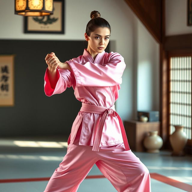 A beautiful female martial arts expert in a stunning pink silk satin karate gi, showcasing her athletic build and confidence