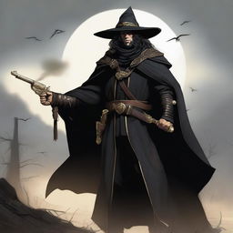 The image is a high-quality digital art depicting a male witch hunter