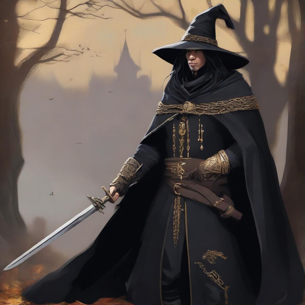 The image is a high-quality digital art depicting a male witch hunter