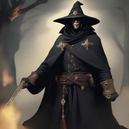 The image is a high-quality digital art depicting a male witch hunter