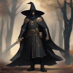 The image is a high-quality digital art depicting a male witch hunter