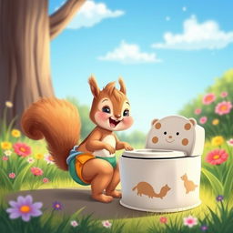 A delightful illustration of a baby squirrel depicted as a toddler, wearing a colorful diaper
