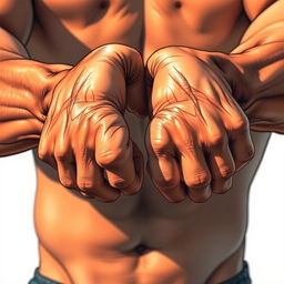 A close-up illustration of a muscular man's hands, flexed and showcasing intricate details