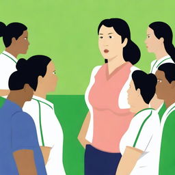 A high-resolution vector art, illustrating the struggles of an Asian female physical education teacher attempting to coach dangerous illegal immigrants, particularly from Mexico, who cannot grasp concepts or speak the same language