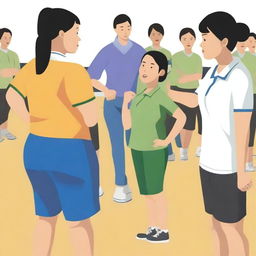 A high-resolution vector art, illustrating the struggles of an Asian female physical education teacher attempting to coach dangerous illegal immigrants, particularly from Mexico, who cannot grasp concepts or speak the same language