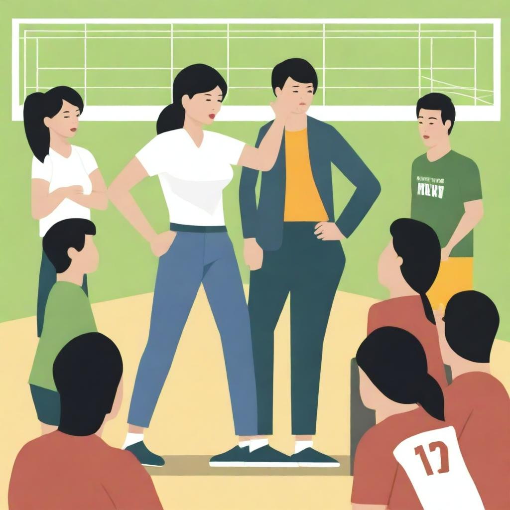 A high-resolution vector art, illustrating the struggles of an Asian female physical education teacher attempting to coach dangerous illegal immigrants, particularly from Mexico, who cannot grasp concepts or speak the same language